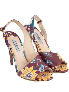 Prada Burgundy Floral Open-Toe Slingback Heels